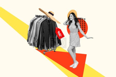Collage créatif image de fille excitée noir blanc gamma vente offre spéciale porte-vêtements isolé sur fond de dessin.