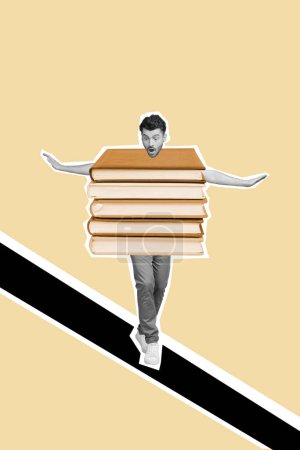 Vertical collage image of impressed mini black white gamma guy pile stack book instead body walking keep balance isolated on painted background.
