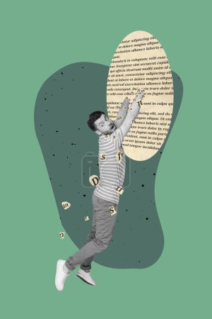 Vertical collage of impressed nervous worried black white effect guy hands hold hang book page falling letters text.
