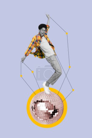 Vertical collage picture of carefree black white effect guy stand disco ball dancing isolated on painted background.