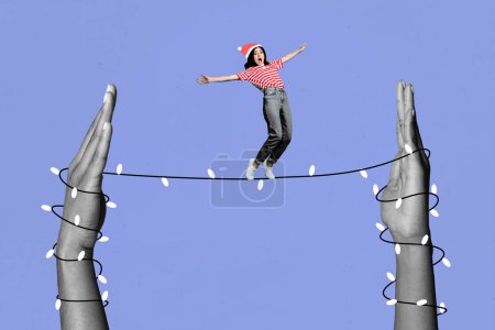 Creative photo 3d collage postcard poster brochure of young funny girl stand strained garlands extreme risk isolated on painting background.