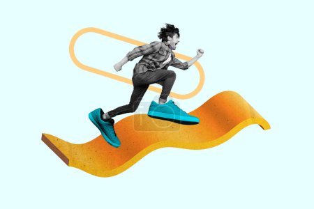 Composite collage image of excited active guy black white colors wear huge shoes running isolated on painted background.
