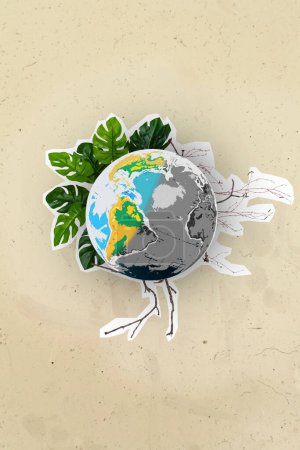 Collage photo poster of ecology dead concept half planet earth dying dessert environmetal problem growth plant isolated on beige background.
