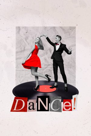 Créatif 3d photo collage illustration graphique peinture de sourire heureux dame gars dansant ensemble fond de dessin isolé.