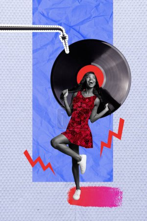 Vertikale Collage Bild von fröhlichen schwarz-weißen Gamma-Mädchen genießen tanzen großen Plattenspieler isoliert auf kreativem Hintergrund.
