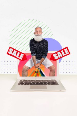 Photo artwork minimal picture of funny funky guy holding bargains inside device screen isolated drawing background.