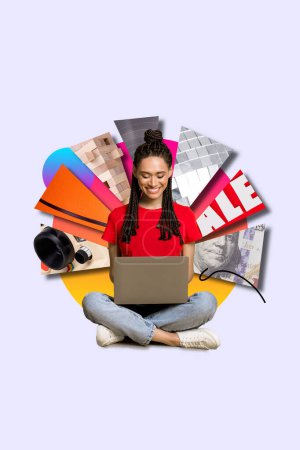 Creative photo 3d collage artwork poster postcard of funny funky person like online shopping good choice isolated on painting background.