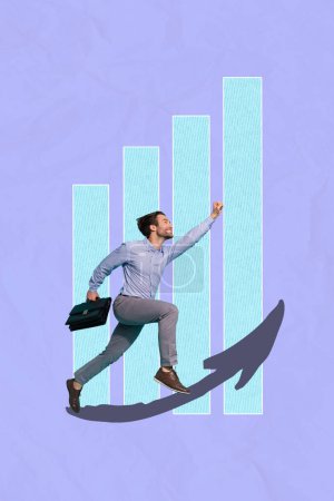 Collage foto de correr rápido prisa joven hombre de negocios flecha aumentar las estadísticas crecientes beneficio éxito aislado sobre fondo de color azul.