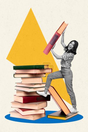 Creative photo 3d collage artwork poster postcard of positive lady hold big book preparing exam isolated on painting background.
