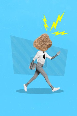 Creative artwork headless caricature manager woman overworked rock head exhausted stressed walking with laptop isolated on blue background.