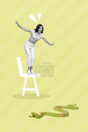 Exklusive Magazin Bild-Skizze Collage-Bild von funky lustige Dame im Stehen Stuhl Angst Schlange isoliert Malerei Hintergrund.