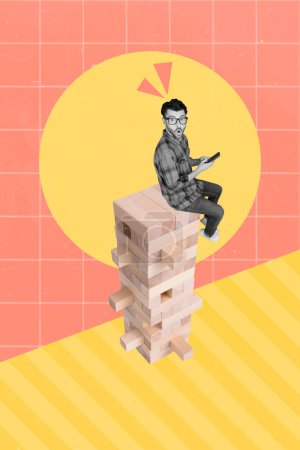 Photo collage minimal picture of impressed guy sitting tower chatting twitter telegram facebook isolated drawing background.