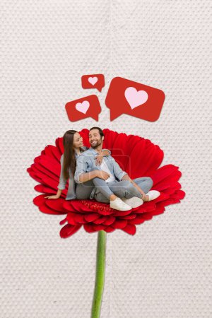 Kreativ Foto 3D Collage Kunstwerk Poster Postkarte von glücklichen Familie sitzen Gerbera genießen Romantik kuscheln Umarmung isoliert auf Malgrund.