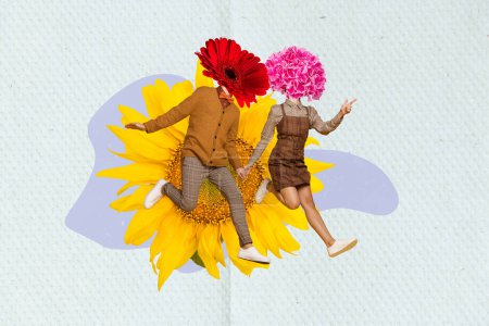 Creative photo 3d collage artwork poster postcard of funky people hurrying flowers shop celebrate event isolated on painting background.