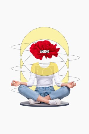 Photo artwork of young relaxed woman sitting fingers comfortable closed eyes red gerbera flower meditation pms isolated on white background.