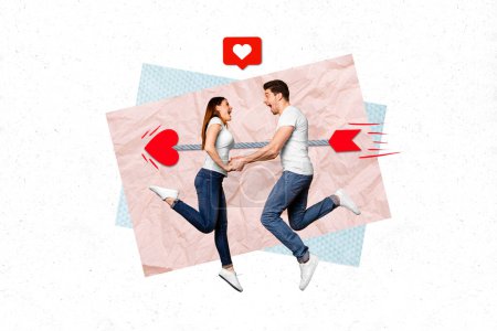 Photo artwork minimal collage picture of excited funky guy lady falling in love 14 february isolated drawing background.