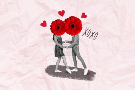 Collage photo of two young together people lovers headless red gerbera flower celebrate wedding day slow dance isolated on pink painted background.