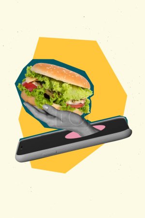 Vertical collage of black white effect arm inside telephone screen display hold big burger online order delivery isolated on painted background.