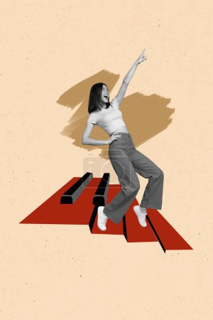 Creative banner collage of crazy youth lady dancing on drawing stairs piano keys isolated image background.