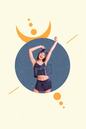 Template creative collage of happy woman stretching hands awake morning health sleep comfort pajama wearing.