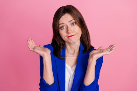 Close up photo of upset pretty lady wear trendy blue clothes arm face demonstrates no answer help isolated on pink color background.