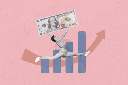 Collage photo of jumping air excited active sportswoman growing graphic stats arrow up stats dollar economic dynamic isolated on pink background.