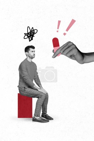 Vertical collage image of big arm fingers hold pill give minded mini guy black white colors isolated on creative background.