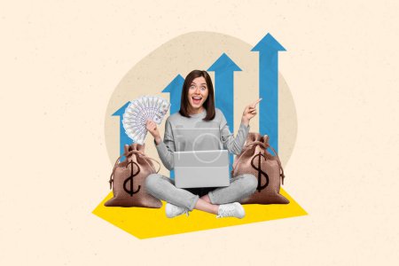 Creative collage picture of excited successful girl use netbook hold dollar bills banknotes growing up arrows indicate finger empty space.