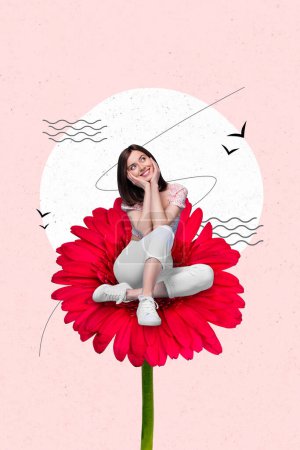 Collage artwork graphics picture of dreamy funny lady sitting inside red flower isolated painting background.