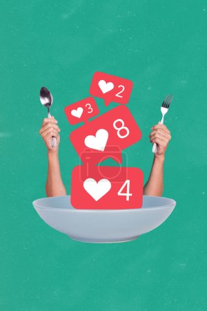 Vertical creative photo collage illustration of hands hold spoon pork eat social media like icons isolated on turquoise color background.