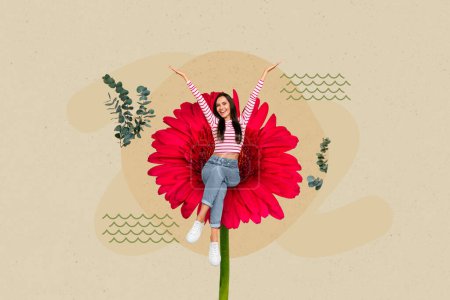 Photo creative artwork 3d template design collage of young cheerful satisfied lady comfort chill red gerbera growth isolated on yellow background.