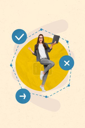Creative photo 3d collage artwork poster postcard of happy lady completed task project startup isolated on painting background.