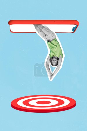 Collage 3d image of pinup pop retro sketch of smiling funny guy jumping target modern device isolated painting background.