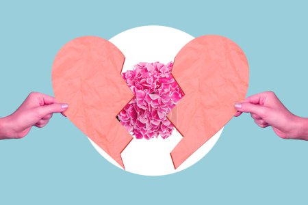 Collage photo of hands hold halves broken heart present valentine day blooming pink flowers natural gift february holiday isolated on blue background.