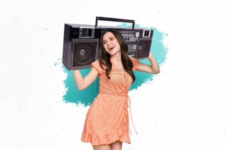 Photo sketch 3d collage poster postcard picture of pretty joyful lady hold tape recorder listen music isolated on painting background.