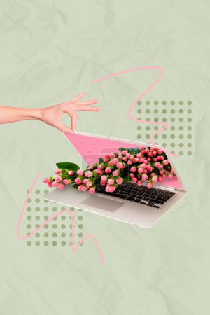 Composite collage picture image of woman hand opening laptop spring pink flowers 8 march present online order delivery bouquet feminine.