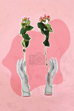 Vertical collage portrait of two black white effect arms connected growing flowers isolated on painted background.