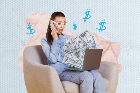 Plantilla cartel collage ilustración con el concepto de transferencia rápida de dinero a través de la conexión virtual ricas ganancias.