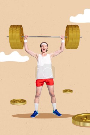 Creative 3d photo artwork graphics collage painting of funny sportive guy rising money barbell isolated drawing background.