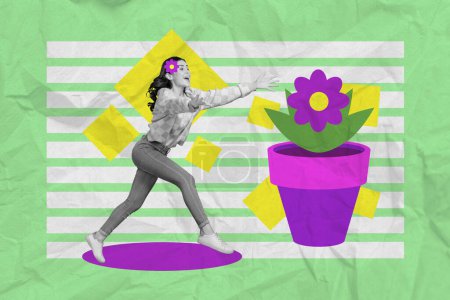 collage creativo foto ilustración de emocionado impresionado mujer corriendo para flor esperar regalo en marzo aislado pintura fondo.