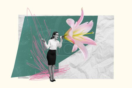 3d retro abstract creative artwork template collage of lady screaming lily flower loud speaker isolated painting background.