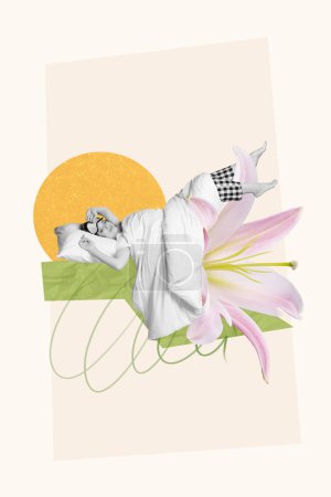 Collage artwork graphics picture of charming happy lady enjoying sleeping flower petals isolated painting background.