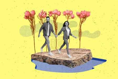 Collage image of two mini black white gamma partners hold arms run huge rock growing fresh flowers isolated on yellow background.