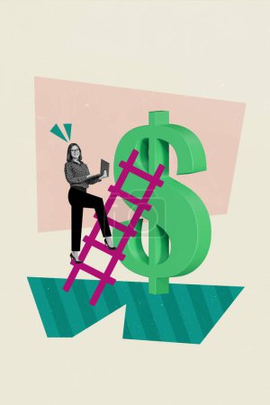 Vertical creative collage picture poster sketch illustration of successful positive girl go up earn money isolated on painted background.