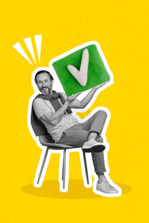 Creativo cartel bandera collage de asistente hombre empleado sentarse silla celebrar casilla de verificación publicidad aplicar formulario de documento.