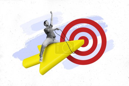 Creative collage image of excited mini black white colors guy sit fly huge arrow pointer darts board target.