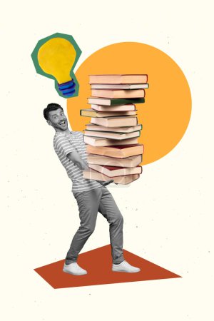 Exclusive magazine picture sketch collage image of funny funky guy having cool idea holding book pile isolated painting background.