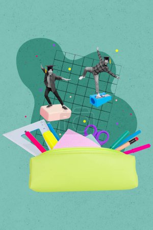 Vertical collage image of two mini black white colors guys stand eraser pencil sharpener flying big study equipment case isolated on painted background.
