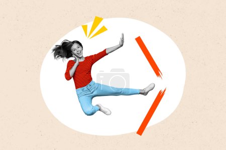 Kreative Plakatbanner-Collage des flippigen jungen Teenie-Mädchens Kick Break Zaun erreichen Sieg in der Kampfkunst.