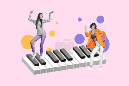 3d retro abstract creative artwork template collage of smiling happy ladies dancing playing piano isolated painting background.